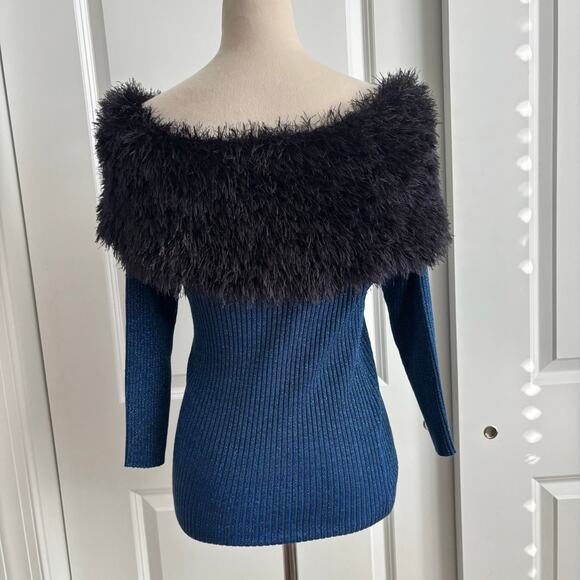 VTG Laura Michelle Holiday Shimmer Off Shoulder Top Black Faux Fur Y2K 90s S - Picture 6 of 7